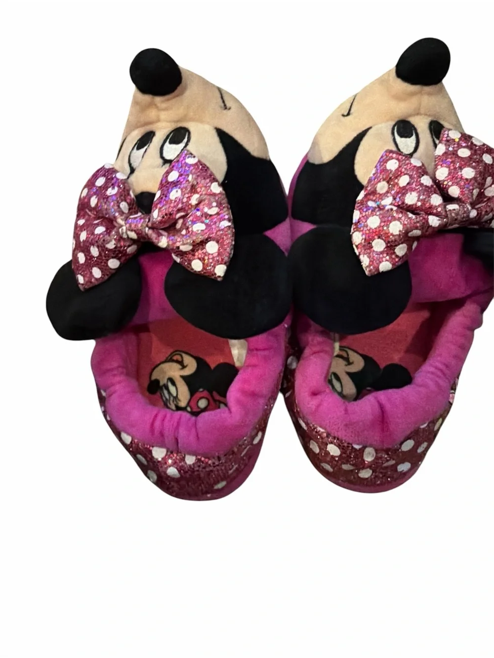 Disney Minnie Mouse Pink Black Plush Kids Slippers